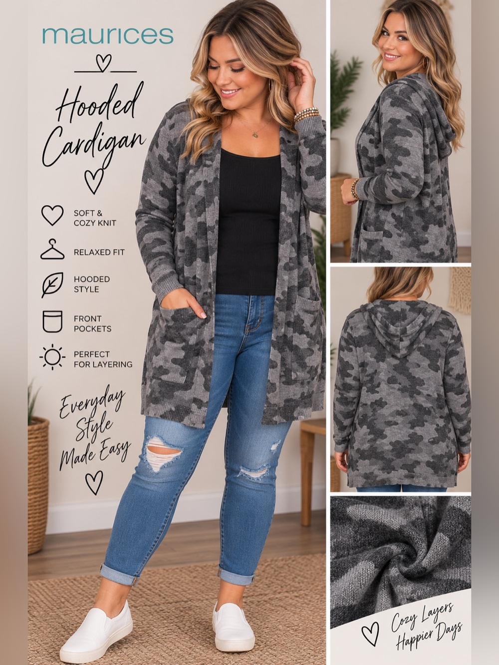 Maurices Gray Camo Hooded Open Front Cardigan Sweater Size Large